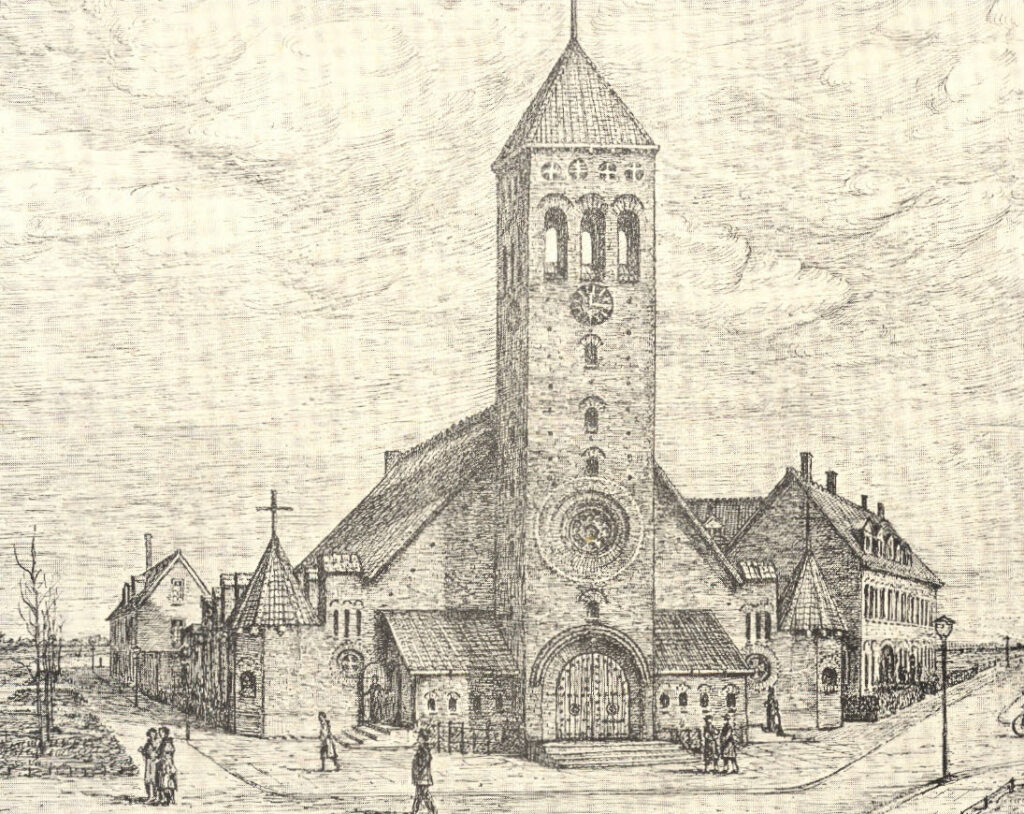 tekening van kerk en klooster in Tuindorp door kunstenaar Kersenboom