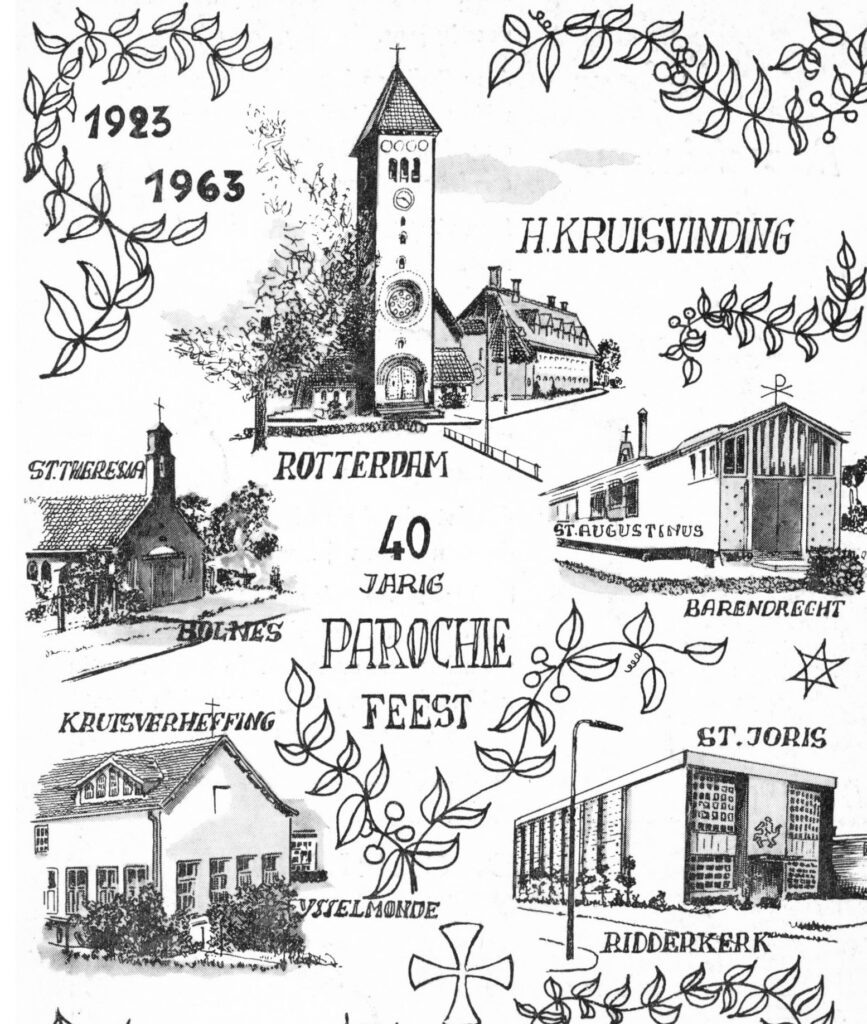 tekening met 5 kerken van de parochie rond 40 jaar parochie feest